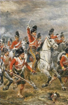 The charge of the Royal Scots Greys at Waterloo supported by a Highland regiment Robert Alexander Hillingford historical battle scenes Oil Paintings